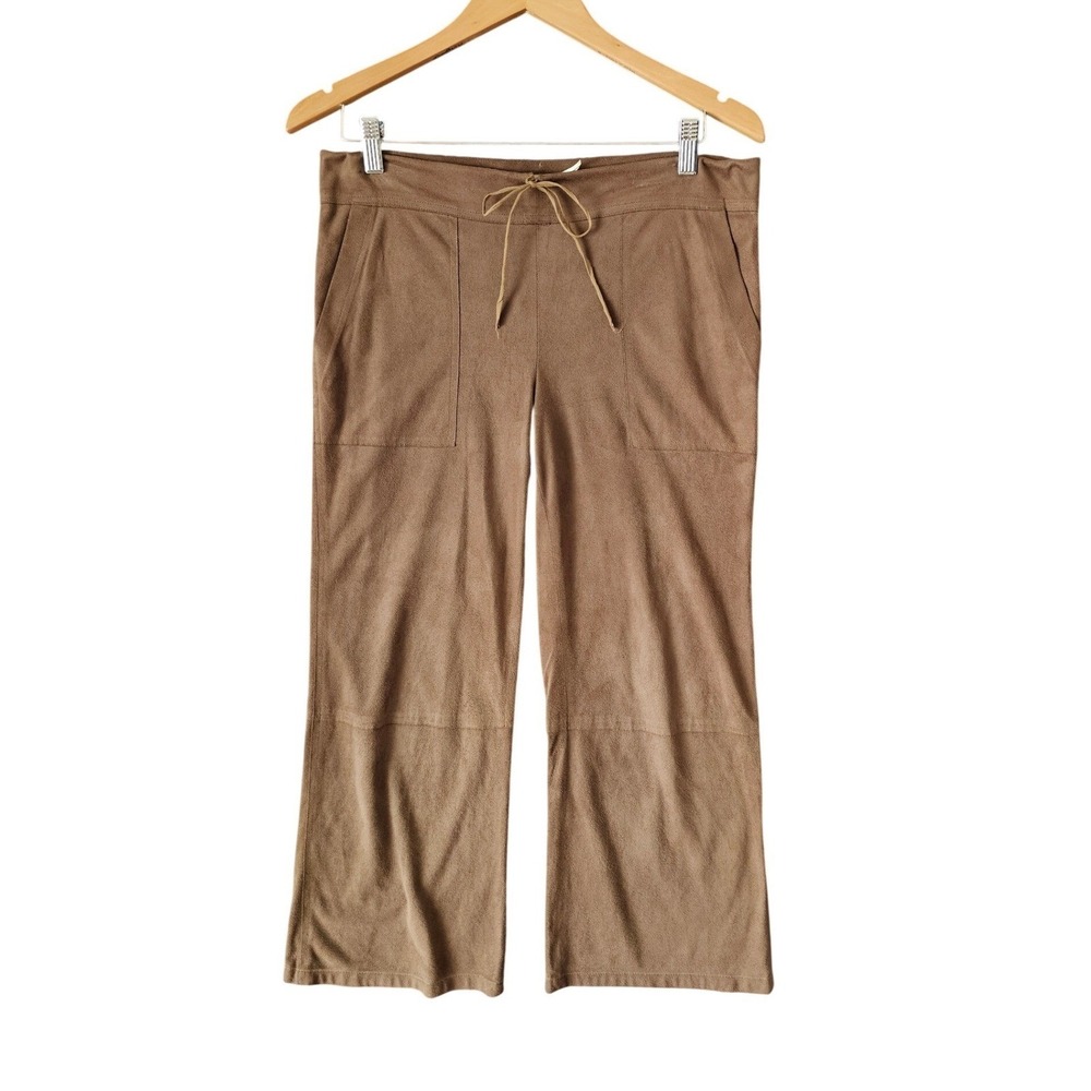 MAX STUDIO Brown Faux Suede Cropped Wide Leg Drawstring Pants Front Pocket M